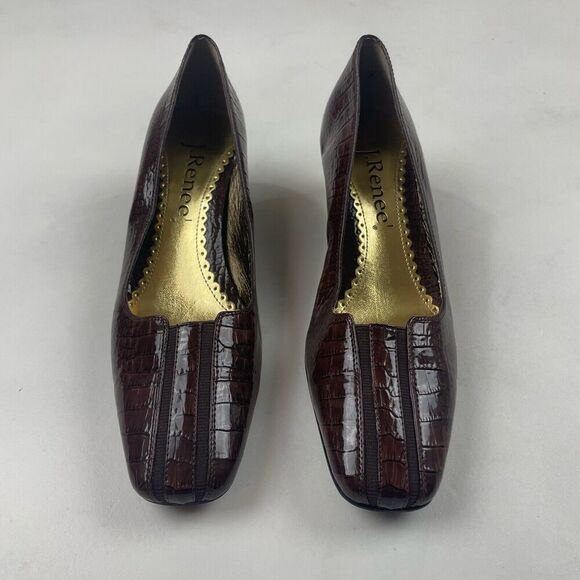 J RENEE Gustine Embossed Reptile Skin Heels Brown Square Toe Gold Accents 7.5M - Picture 3 of 9